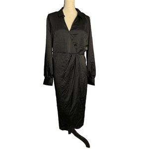Halogen Dress Womens Large Black Satin Long Sleeve Shirt Dress V Neck Faux Wrap